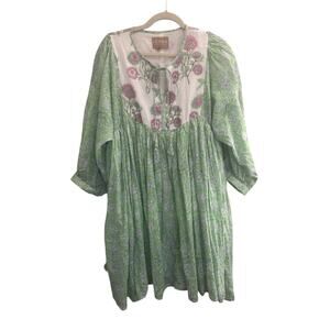 Clara The Label Womens XL Green Pink Floral Dress Tie Floral Cottagecore #6133